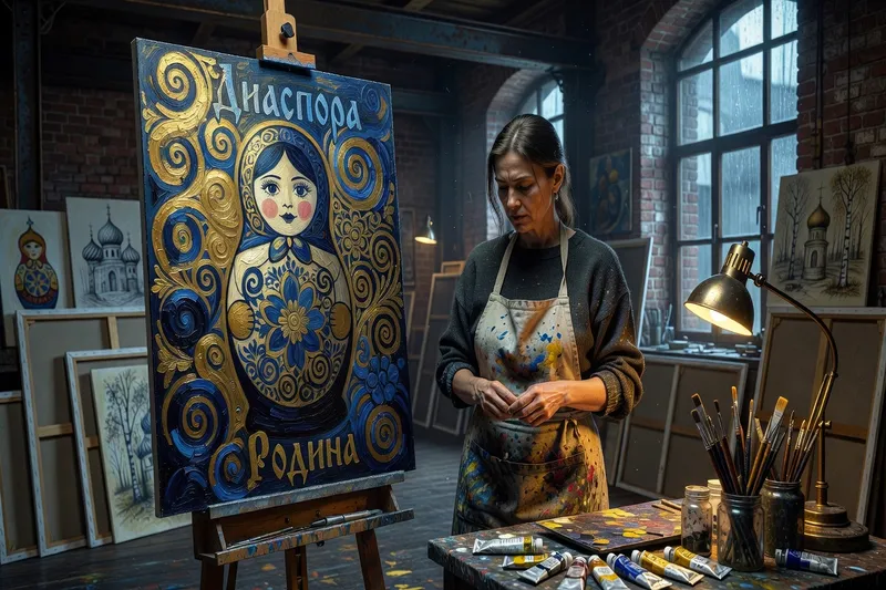 Artiste russe de la diaspora dans son atelier européen