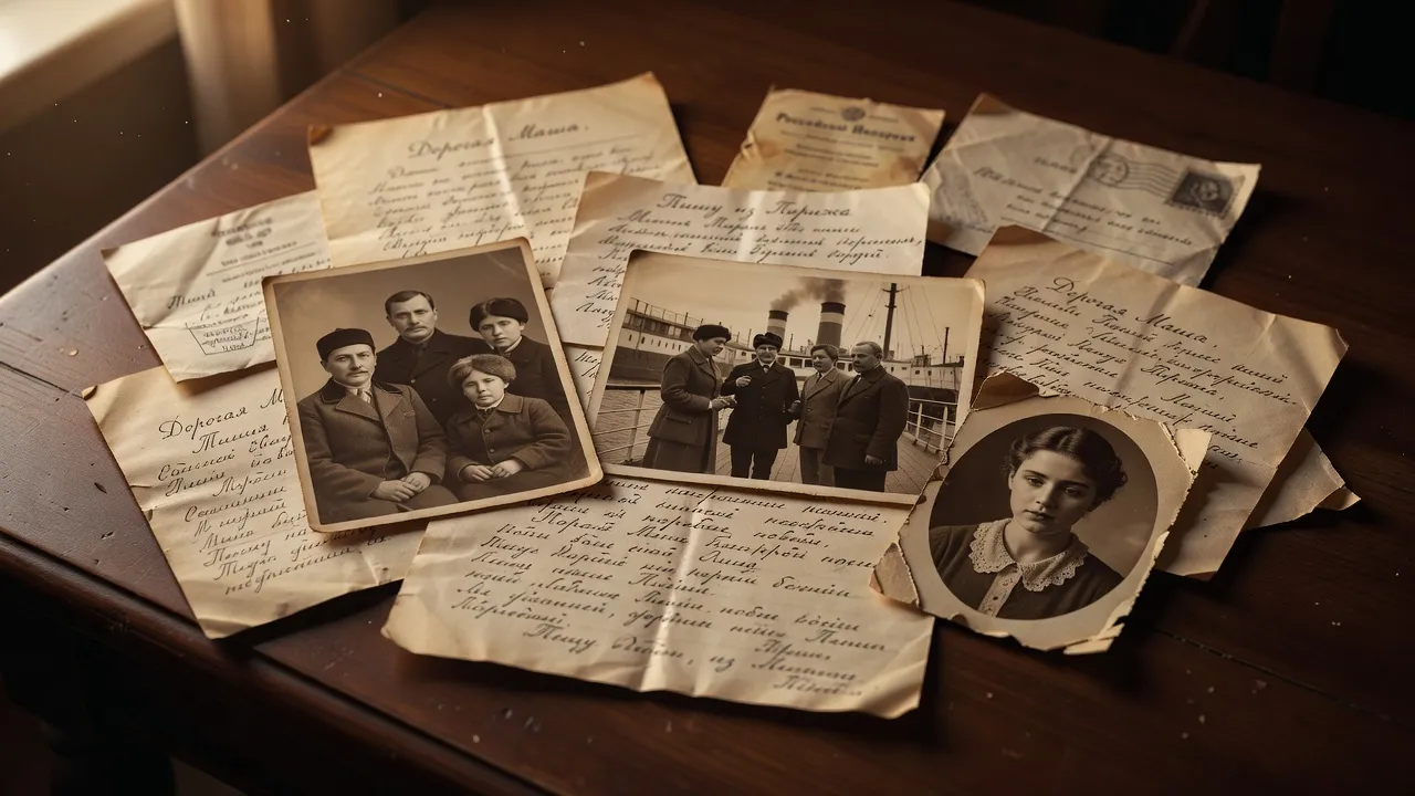 Collection de photos sépia et lettres en cyrillique