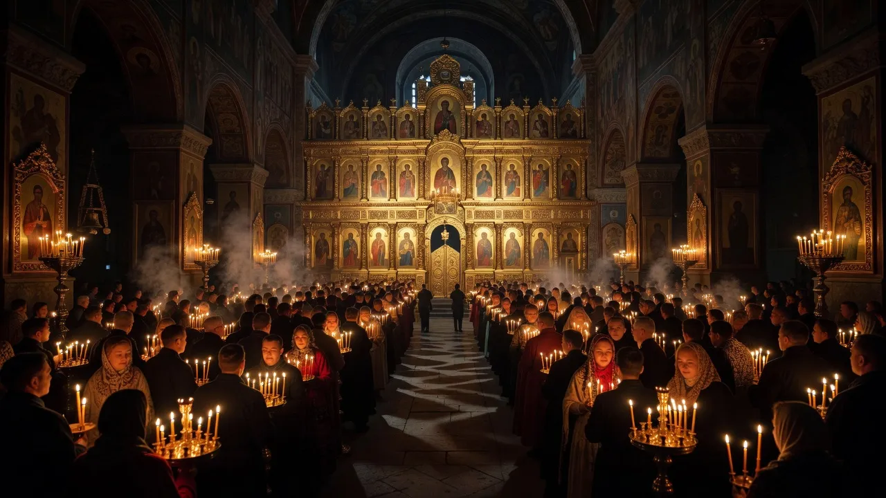 Intérieur d’église orthodoxe, service de Pâques