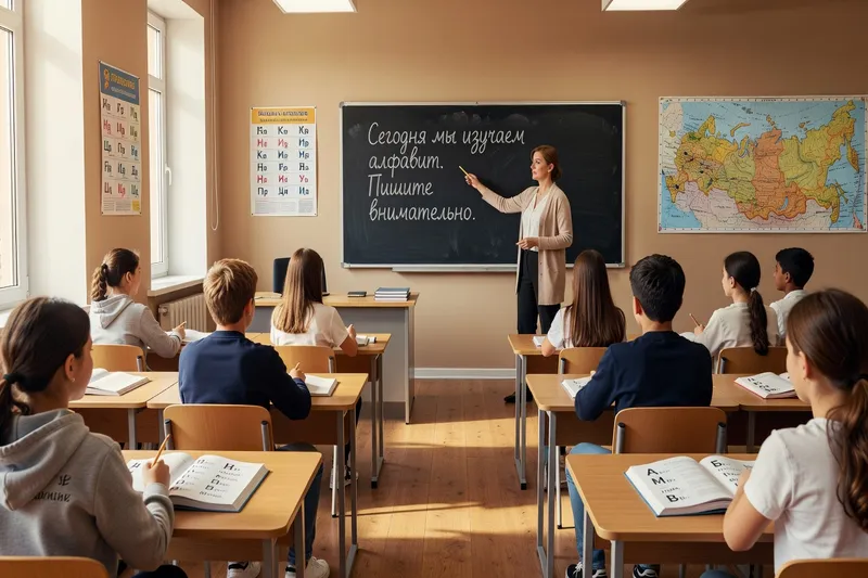 Cours de langue russe avec étudiants et alphabet cyrillique