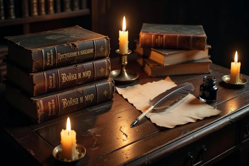 Livres russes anciens en cyrillique à la lueur des bougies