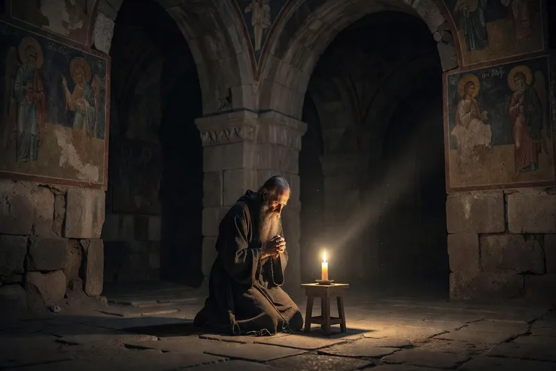 Moine orthodoxe en prière nocturne dans le monastère